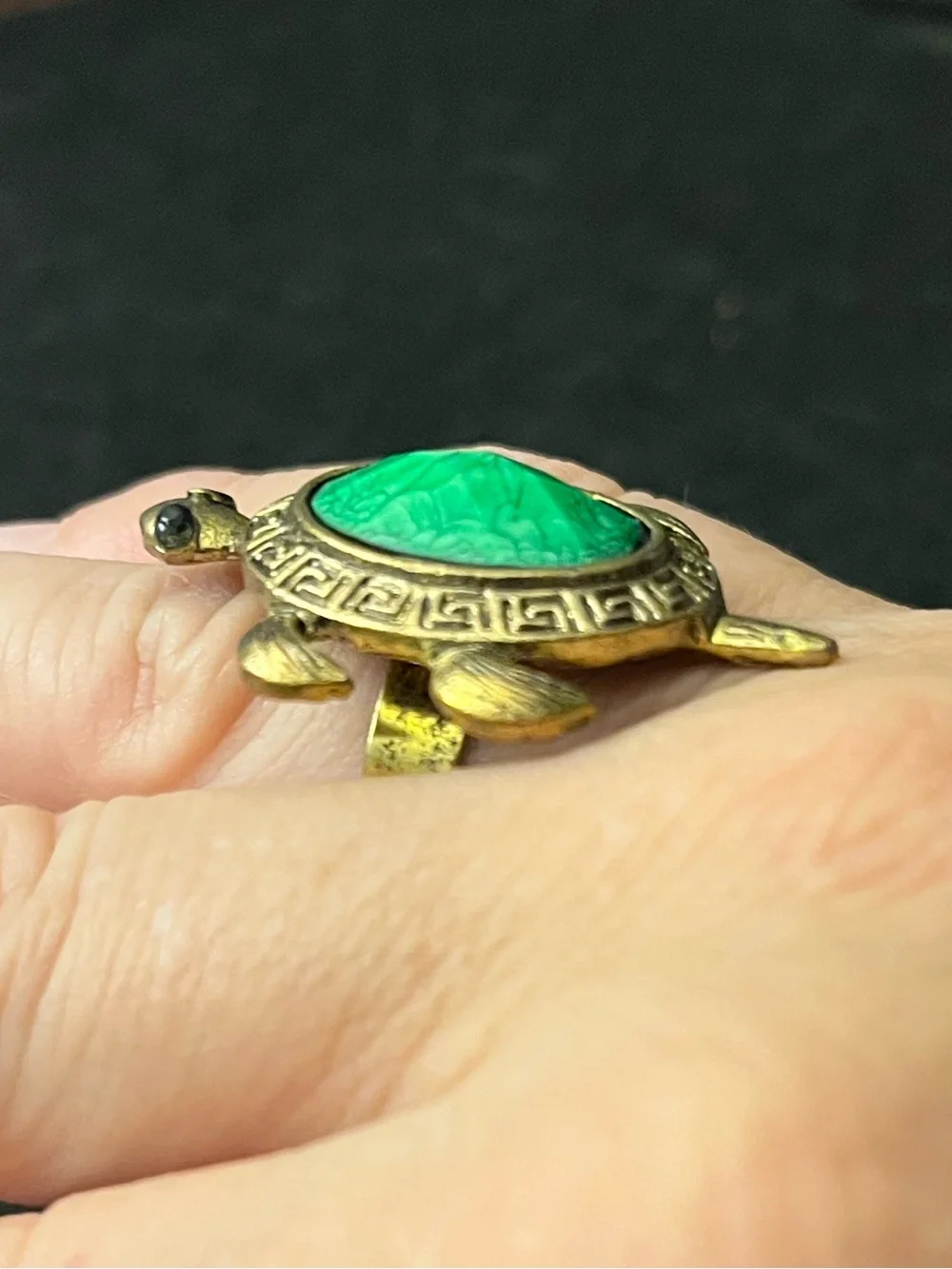 Vintage Turtle Ring with Green Faceted Stone and Antique Gold Finish Adjustable